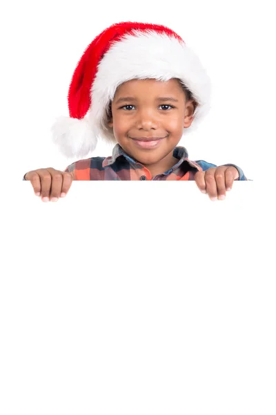 Menino de Natal com placa branca — Fotografia de Stock