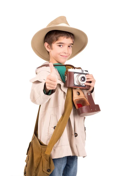 Menino com câmera jogando Safari — Fotografia de Stock