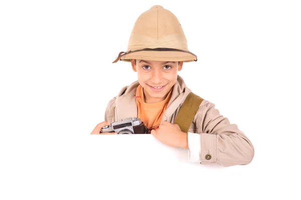 Explorer çocuk ile fotoğraf makinesi — Stok fotoğraf
