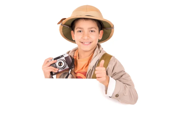 Explorer jongen met camera — Stockfoto