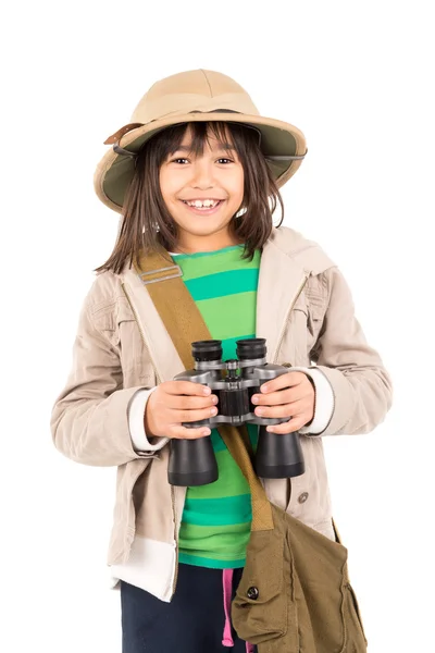 Ragazza con binocolo giocare Safari — Foto Stock