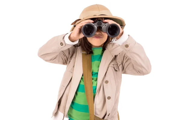 Dívka s dalekohledem hraje Safari — Stock fotografie