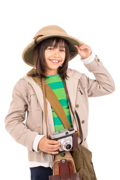 Girl with a camera playing Safari — Stock Photo, Image
