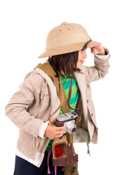 Menina com uma câmera jogando Safari — Fotografia de Stock