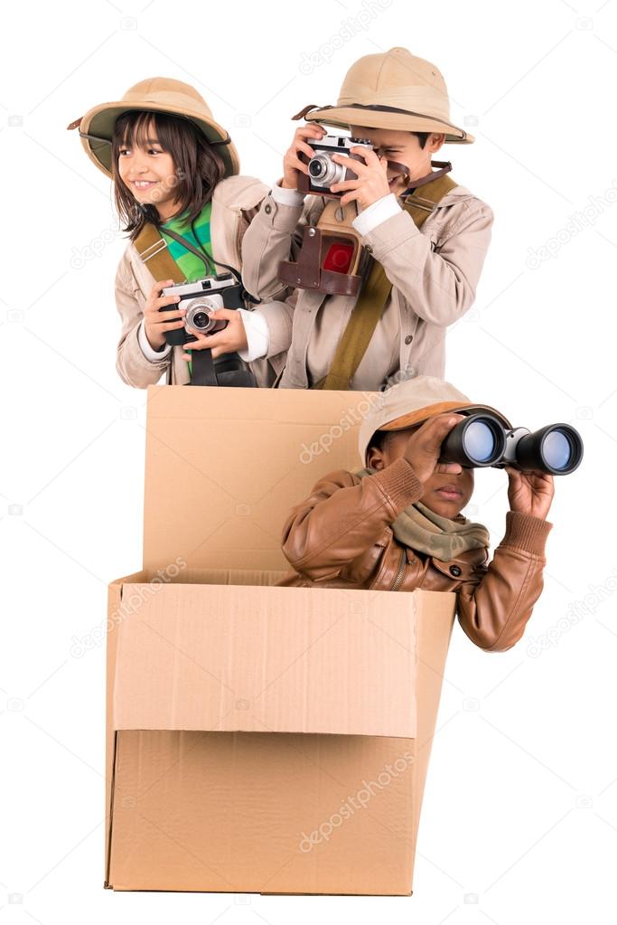 Children's group in a cardboard box