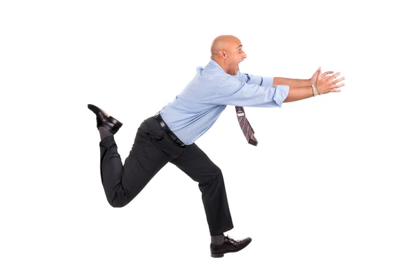 Бизнесмен, бегущий с поднятыми руками — стоковое фото