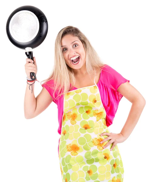 Woman with apron and frying pan — Stock Photo, Image