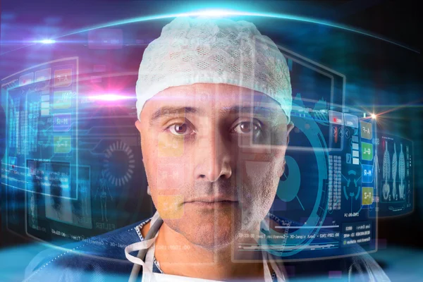 Arzt in Uniform mit Bildschirmen — Stockfoto