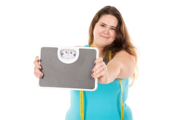 Large girl with  weight scale — Stock Photo, Image