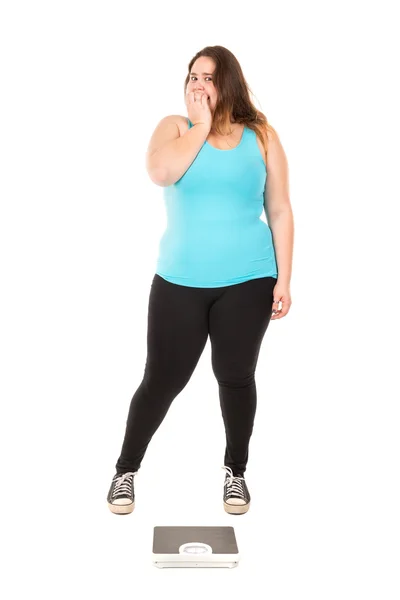 Large girl with a weight scale — Stock Photo, Image