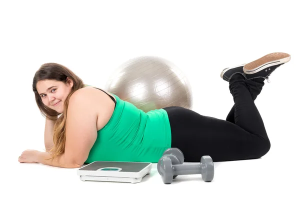 Large girl with exercise ball — Stock Photo, Image