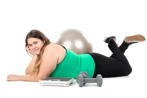 Large girl with exercise ball — Stock Photo, Image