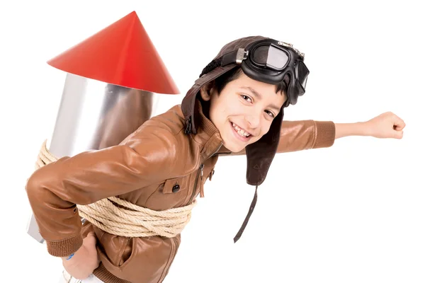 Boy with home made rocket — Stock Photo, Image