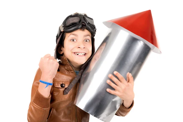 Funny boy with rocket — Stock Photo, Image