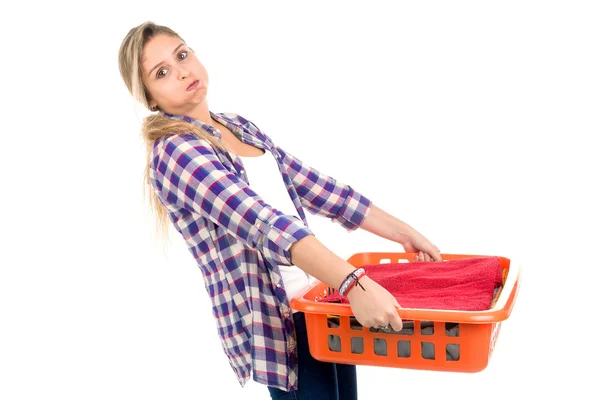 Mujer cansada con Lavandería — Foto de Stock