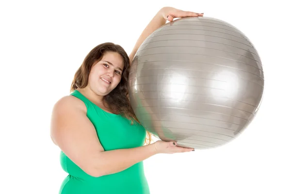 Large girl with exercise ball — Stock Photo, Image