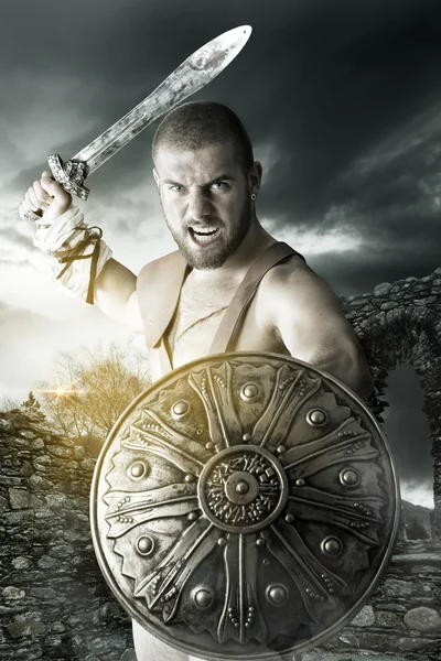 Gladiátor harcos készen áll a harcra — Stock Fotó