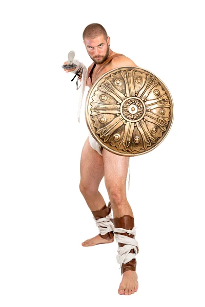 Gladiator posing with shield and sword — Stock Photo, Image