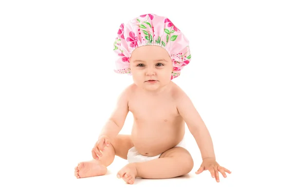 Bebê menina no chuveiro cap — Fotografia de Stock