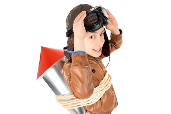 Young pilot boy with rocket — Stock Photo, Image