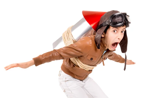 Young pilot boy with rocket — Stock Photo, Image