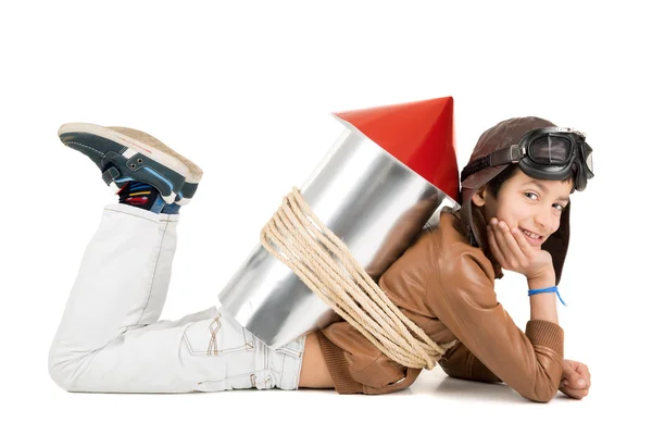 Young pilot boy with rocket — Stock Photo, Image
