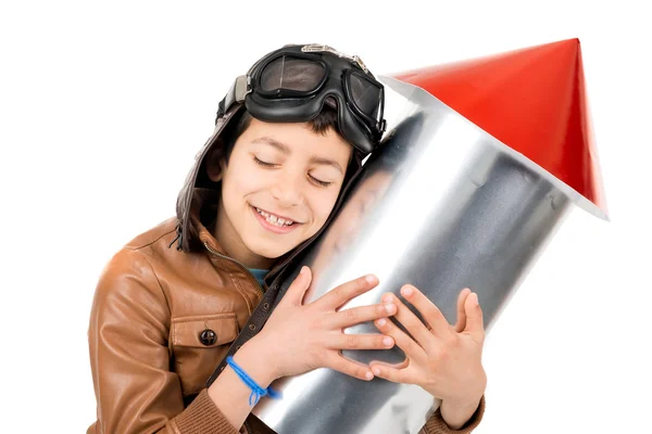Kleiner Pilot Junge mit Rakete — Stockfoto