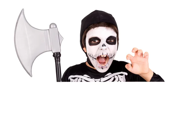 Menino no traje de esqueleto de Halloween — Fotografia de Stock
