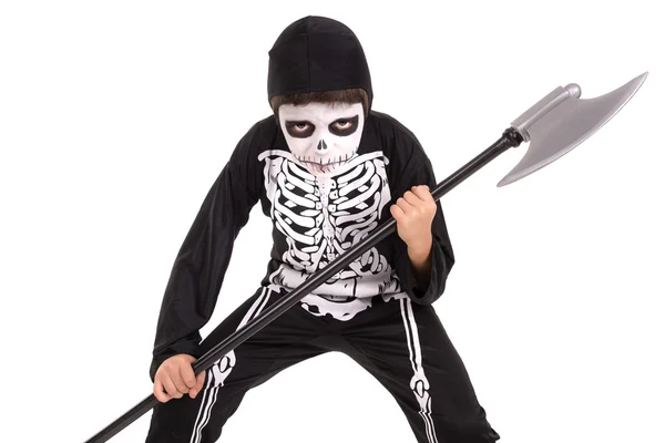 Menino no traje de esqueleto de Halloween — Fotografia de Stock