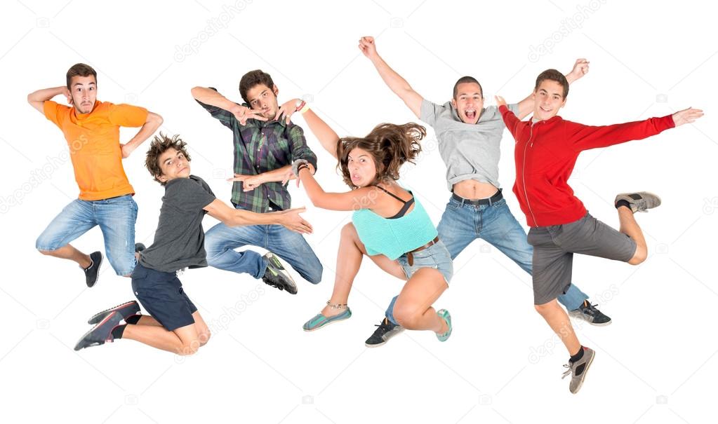 Teens jumping isolated in white
