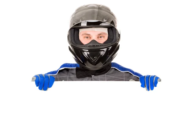 Motorista de corrida usando capacete — Fotografia de Stock