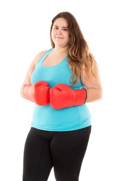 Large girl wearing boxing gloves — Stock Photo, Image