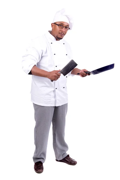 Chef-kok met hakmes en pan — Stockfoto