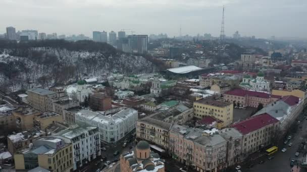Europa Kiev Ukraina Februari 2021 Flygfoto Över Podil Området Andrews — Stockvideo