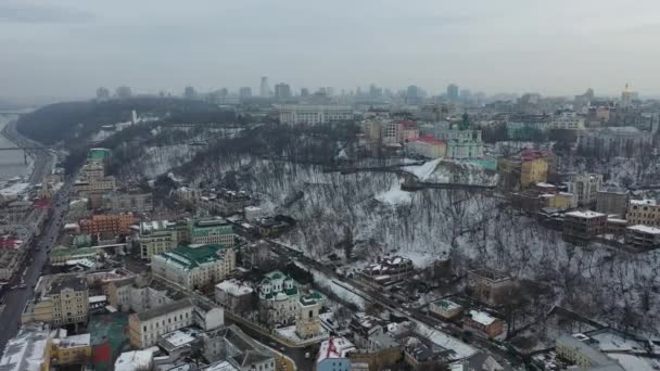 Europa Kiev Ukraina Februari 2021 Flygfoto Över Podil Området Andrews — Stockvideo