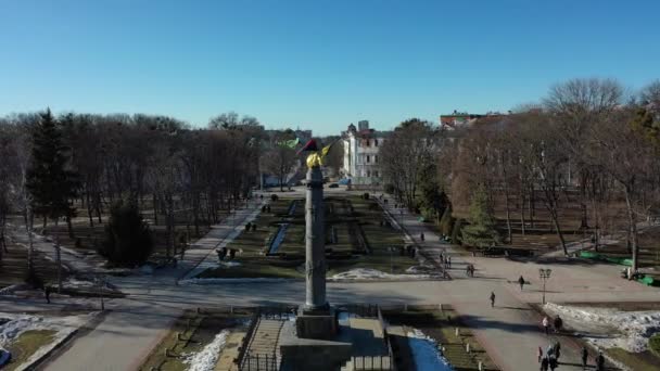 ヨーロッパ、ポルタヴァ、ウクライナ- 2021年3月:都市の空中ビュー。上から街の光景。栄光の碑 — ストック動画
