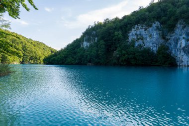 Plitvice Gölleri, Hırvatistan - 16 Ağustos 2025: Ulusal Park 'taki turkuaz göl ve şelalelerin manzaralı manzarası. Yeşillik orman ve kireçtaşı kayalıkları olan UNESCO Dünya Mirası.