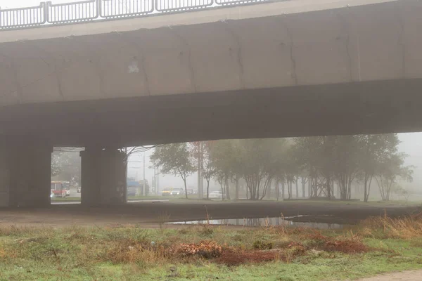 bridge in the fog, concrete bridge columns in the fog in Ukraine