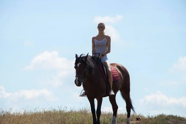 Κορίτσι Που Κάθεται Πάνω Άλογο Στον Ουρανό Μια Ηλιόλουστη Μέρα — Φωτογραφία Αρχείου