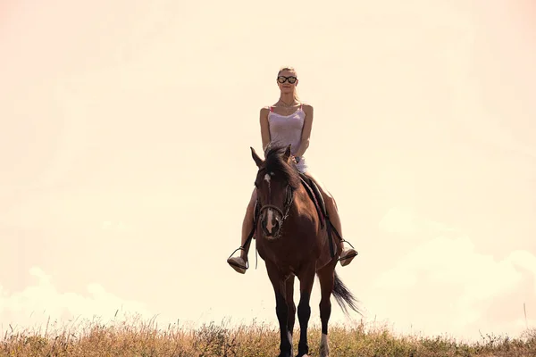 Girl Sitting Horseback Sky Sunny Day — Stock Photo, Image