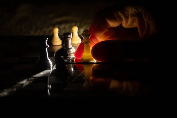 Old Woman Hand Chess Dark Playing Chess — Stock Photo, Image