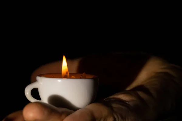 Candle Flame Cups Hands Old Woman Dark Candle Light — Stock Photo, Image