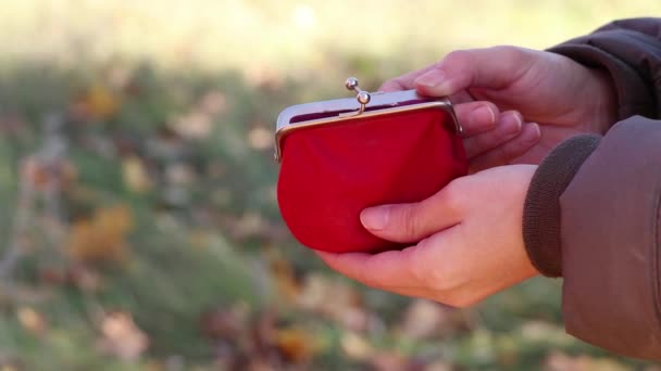 Mujer Pequeñas Monedas Las Manos Otra Mujer Las Calles Pidiendo — Vídeos de Stock