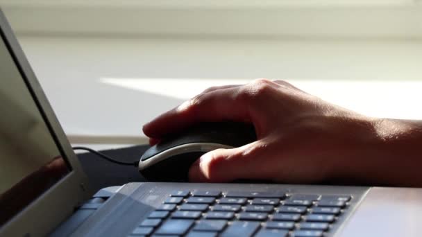 Computer Muis Hand Laptop Thuis Keuken Tafel Brachten Ramen Werk — Stockvideo