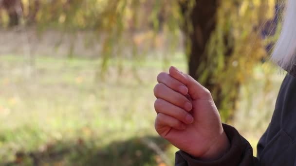 Hand Gibt Der Anderen Hand Tagsüber Auf Der Straße Der — Stockvideo