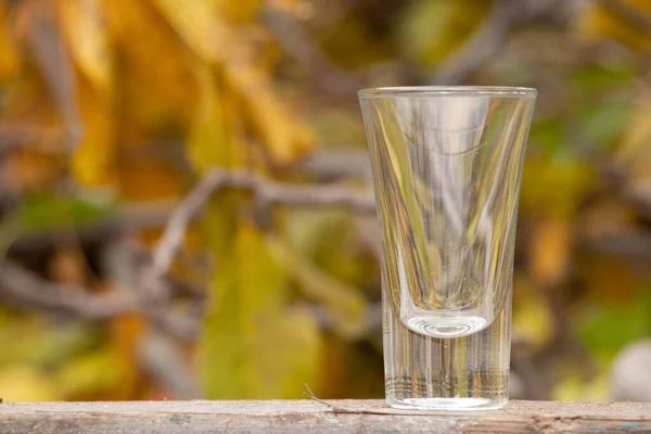 Tom Glasbägare För Alkoholhaltiga Drycker Står Ett Träbord Gula Löv — Stockfoto