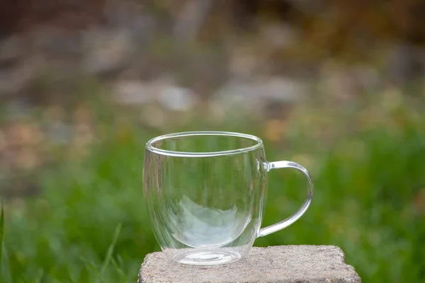 Empty Glass Goblet Alcoholic Drinks Stands Stone Background Grass Autumn — Stock Photo, Image