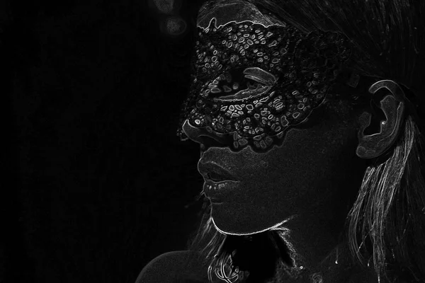 Ragazza Maschera Pizzo Sugli Occhi Immagine Carnevale Disegno Effetto Neon — Foto Stock