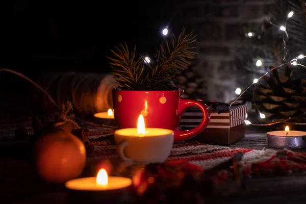 New Year Table Candles Garland Pine Branch Mandarin Cinnamon Cup — Stock Photo, Image