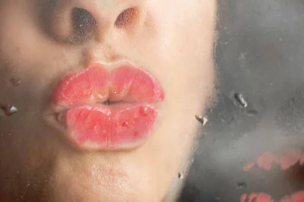 Young Sexy Girl Kissing Misted Glass Close — Stock Photo, Image